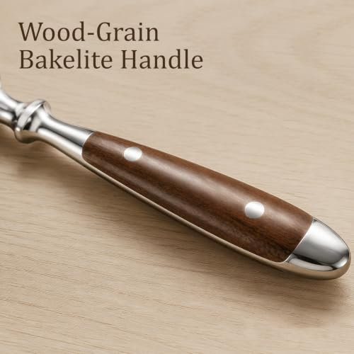 Set of 8 stainless steel soup spoons with wood grain color handles, dishwasher safe, by Binchill.