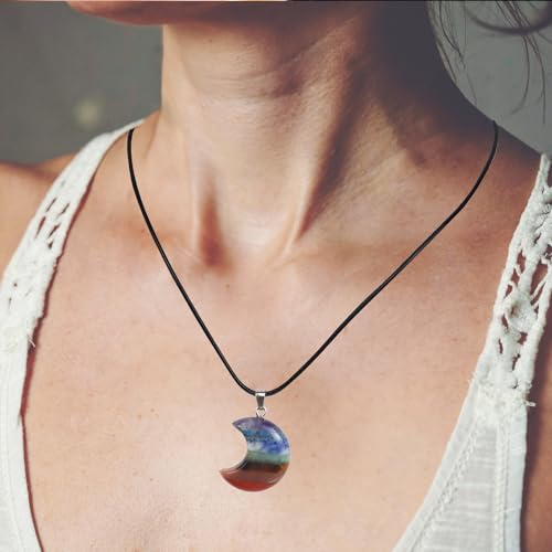 7 Chakra Crystal Crescent Moon Pendant Necklace