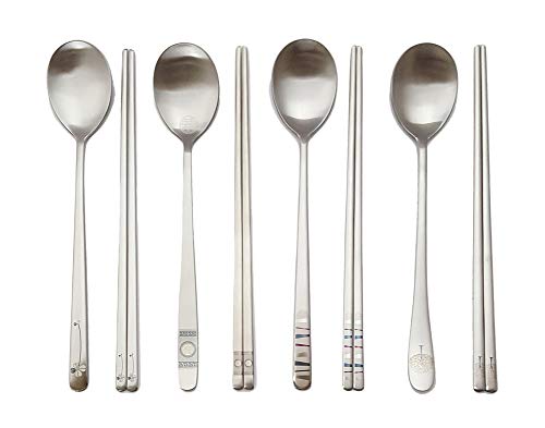 [5 Sets] [Made in Korea] Korean Sticky Rice Spoon Chopsticks Set Gold Titanium Plating 304 Stainless Steel Tableware Cutlery Set Mukbang Chopsticks (Willow Tree, 5 Sets) Willow, 5 Sets