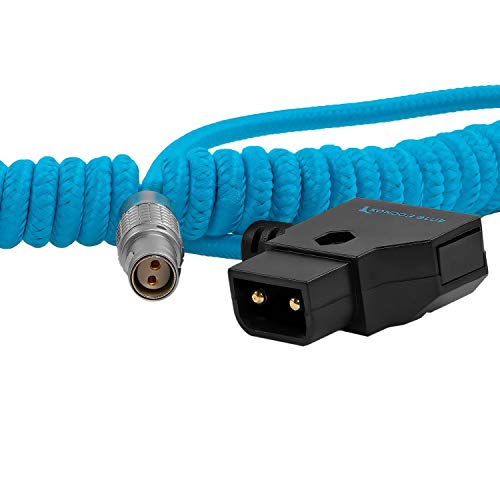 KONDOR BLUE | 14” to 29” Coiled D-Tap to 2-Pin LEMO Female Power Cable | Right-Angle D-Tap, Nylon Braided, Reinforced Connectors, for RED Komodo | Blue