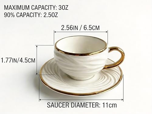 3OZ Espresso Cups with Saucers, Porcelain Cappuccino Cups Set of 6, Ceramic Coffee Cup Set for Double Shot, Milk, Tea, Latte, Dishwasher & Microwave Safe, Modern Unique White Patterns