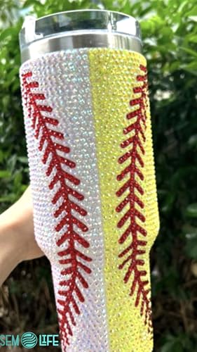 Baseball Softball 40 Oz Rhinestone Bling Tumbler Cup Handle Straw