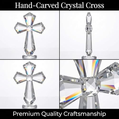 6-inch Hand-carved Crystal Cross – 360° All-around Cut K9 Desktop Ornament, Christian Spiritual Gift for Baptism, Wedding, Christmas, Family Altar & Office Decoration (Clear) Transparent