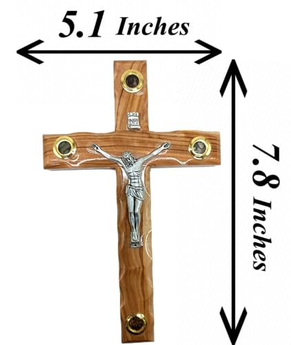 Zuluf 7.8" Catholic Wall Crucifix Olive Wood Cross with Metal Jesus Corpus – Handmade Christian Wall Hanging with Holy Land Elements & Certificate – Bethlehem Religious Gift CRS043 7.9"L x 4.7"W