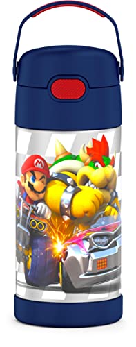 THERMOS FUNTAINER 12 Ounce Stainless Steel Vacuum Insulated Kids Straw Bottle, Super Mario Brothers & FUNTAINER 12 Ounce Stainless Steel Vacuum Insulated Kids Straw Bottle, Bluey