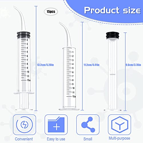 Pack of 15 Disposable Dental Syringe 12 ml with Curved Tip for Dental Care, Pet Care, Glue Filling, Laboratory