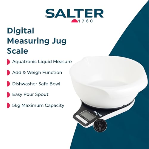 Salter Digital Measuring Jug Kitchen Scale - Electronic Food Scale with 1.25L Bowl, Add & Weigh Wet & Dry Ingredients, Easy Pour Spout, 5kg/11lbs Capacity, Easy Read LCD Display, Includes Battery Back