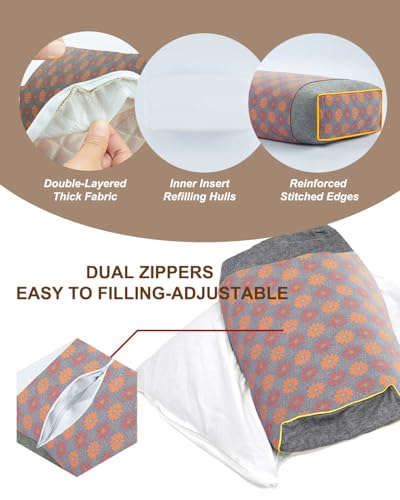 Buckwheat Pillows for Sleeping, Cube Pillow for Neck Pain Relief, Adjustable Loft and Firm, Washable Zipper Pillow Cases, Firm Rectangle Pillow Neck Support for Sleep, 19x9 inch (Grey) Grey