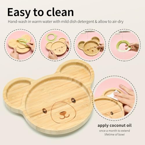Bamboo Suction Plates Bowls Setfor Baby Toddler Divided Platter Food bowl with Silicone Fork & Spoon All-Natural Baby Feeding Set, Kids Feeding Essentials Bear