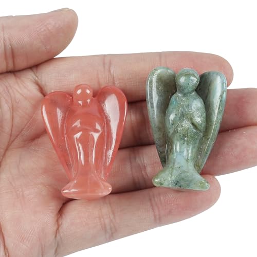 Mini Crystal Angel, 2 Pcs Pocket Carved Gemstone Guardian Figurines Healing Statue Home Decor 1.5 inch, Cherry Quartz+Moonstones Multi 15