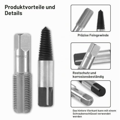 Screw Extractor and Pipe Tap 1/2 Inch and 3/4 Inch Pack of 4 | Pipe thread set left extractor screw remover professional for maintenance work valve tap removal damaged screws