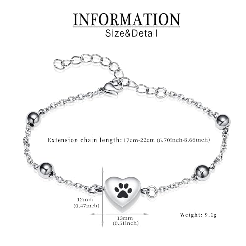 Paw Print Heart Urn Bracelet for Ashes Adjustable Stainless Steel Cremation Jewelry Memorial Keepsake Bracelet for Pets Ashes Dog Cat A-Silver