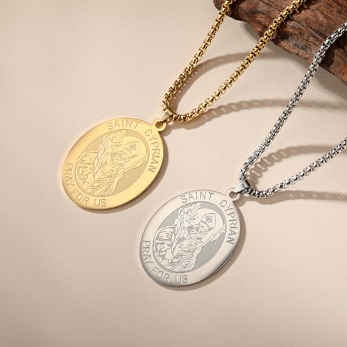 kkjoy Personalized Saint Cyprian PRAY FOR US Necklace Stainless Steel Oval Medal Pendant Protection Amulet Jewelry for Women Men Friends Couple Family Member Silver