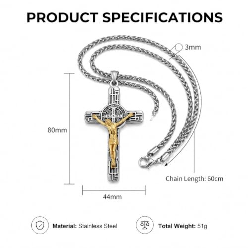 St Benedict Crucifix Necklace Stainless Steel Gold Tone Catholic Gift