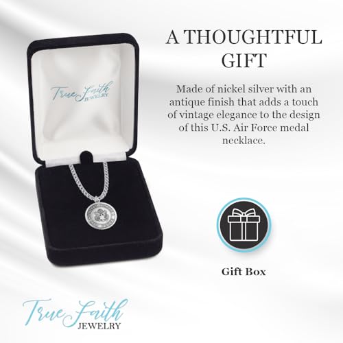 True Faith Jewelry Nickel Silver Round United States Air Force Medal with St. Michael Patron Saint Archangel Back Pendant Necklace, 7/8 Inch