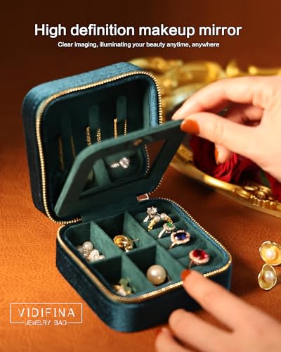Velvet Jewelry Box – Travel Jewelry Case Organizer with Mirror, Adjustable Compartments for Women | Luxury Storage Case & Gift for Her - Caramel