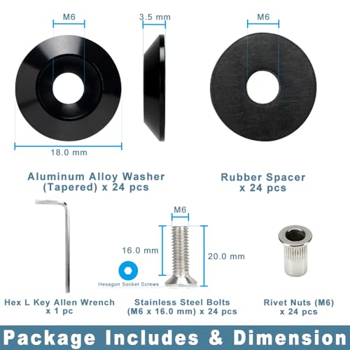 Rolling Gears M6 black anodized aluminum rivet washers, 24-piece fender flare hardware kit