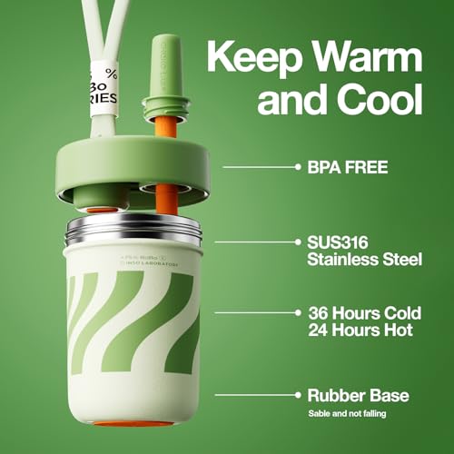 CHAKO LAB Kids Water Bottle with Carrying Rope and Straps | Ceramic liner 16oz for School and Trvels | Two Travel Carrying Options | Avocado Green
