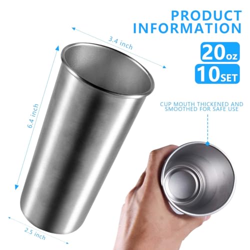 KISEER 10 Pack 20 Ounce Stainless Steel Pint Cups Shatterproof Cup Tumblers Unbreakable Metal Drinking Glasses for Bar, Home, Restaurant 20oz-10 Pack