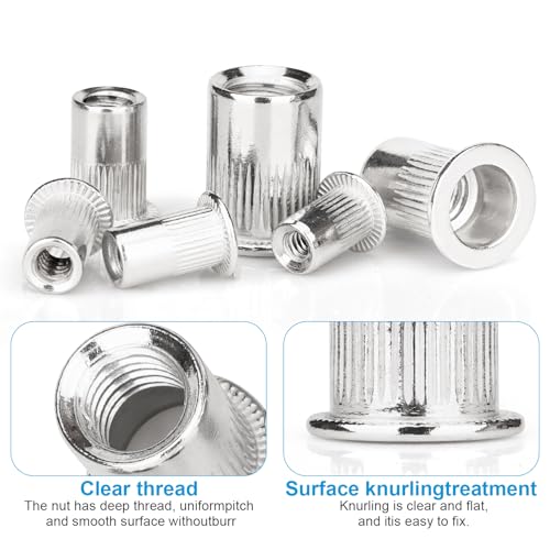 Vmuter 320-piece metric and SAE rivet nuts kit with 304 stainless steel flat head rivnuts in silver, organized in a case
