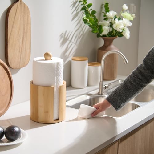 Gobam Bamboo Paper Towel Holder Countertop, Stable Wooden Kitchen Roll Holder with Smooth-Pull Sheet & Anti-Slip Pads, Fits Rolls up to Ø6.3, Wood Standing Towel Dispenser for Farmhouse Home Decor