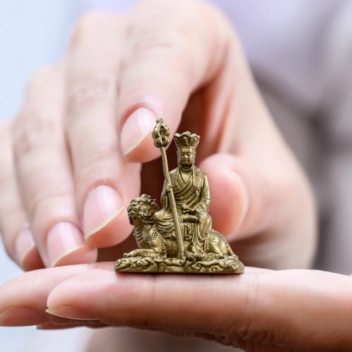 Chufan Mini Ksitigarbha Bodhisattva Sitting on Tiger Tiny Buddha Statue Figurines Brass Spiritual Sculpture Statue Meditation Handmade Feng Shui Decor