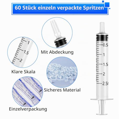 Syringes 2 ml Pack of 60 Individually Packed Colostrum Syringe Sterile Breast Feeding Set Food Syringe with Lid for Newborn Pets Plant Watering Laboratory Hygienic