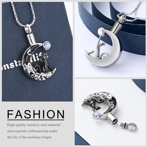 constantlife Cat Moon Urn Necklace for Women Pet Cremation Jewelry for Ashes Stainless Steel Pendant Funeral Keepsake Loved Ones Memorial Gift Black