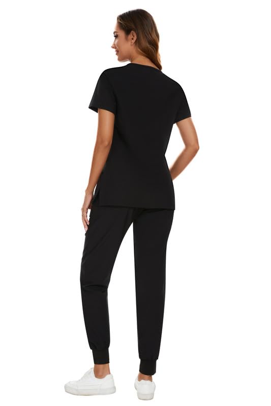 [Australia - AusPower] - Scrubs for Women Set - Stretch V-Neck Scrub Top & Jogger Pant with 8 Pockets Black Medium 