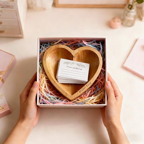 8 Inch Wooden Heart Prayer Bowl with 12 Cards, Rustic Cross Carved Decor
