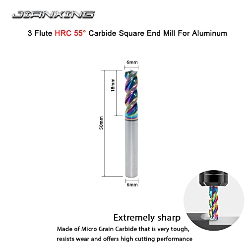 JIANXING 6mm carbide square end mill, 3-flute DLC-coated cutting tool, 3-piece set