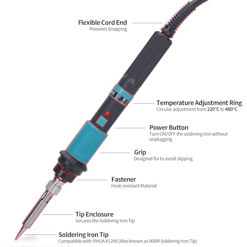 YIHUA 947-IX Soldering Iron Set with Adjustable Temperature Range 220~480°C, Power Switch, Temperature-Controlled ESD-Safe Soldering Set, 5 Soldering Tips for DIY Soldering, Replacement Soldering Iron Set (EU Plug)