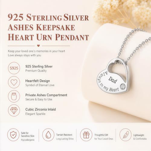 S925 Sterling Silver Heart Urn Necklace Memorial Ashes Keepsake Jewelry Dad