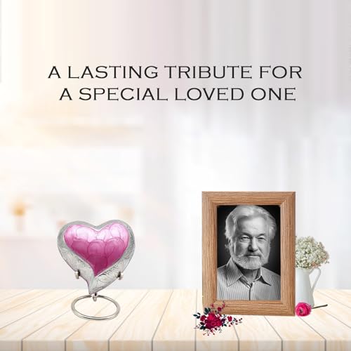5MOONSUN5 Urns for Human Ashes - Empathetic Urn for Adult Male & Female - Pink Heart Memorial Keepsake Cremation Urn with Velvet Box & Display Stand - Metal