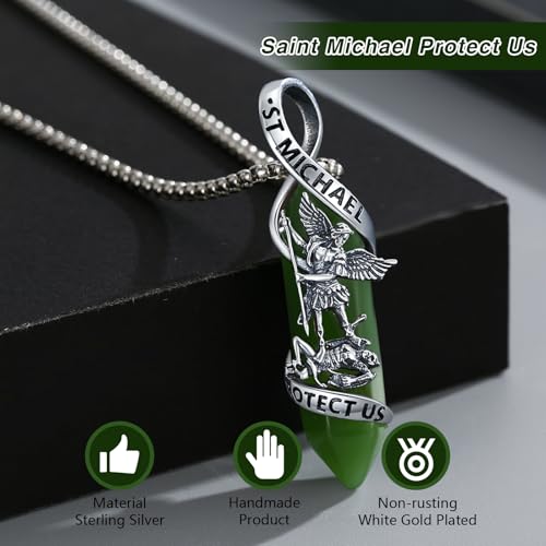 Saint Michael Necklace 925 Sterling Silver Holy Patron Saint Pendant Amulet Jewellery Gift for Men Christmas Birthday Anniversary Jewellery Gift Dark Green Crystal St. Michael Necklace