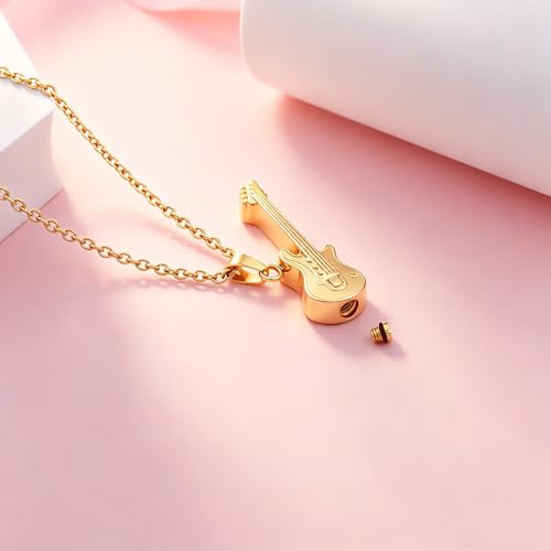 Guitar Cremation Jewelry for Ashes, Stainless Steel Guitar Shaped Urn Necklace for Men Women, Music Memorial Keepsake Pendant with Screw-Thread Chamber for Loved One Gold