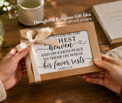 Christian Desk Decor, Luke 2:14 Bible Verse Rustic Farmhouse Wood Block Sign, Inspirational Gift for Women & Men, Perfect for Daily Encouragement -A54