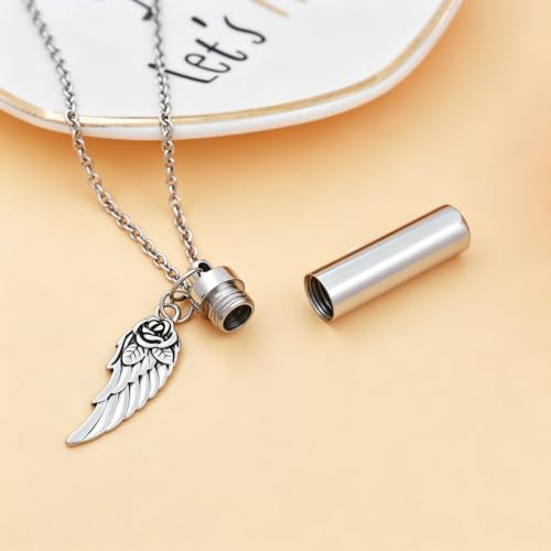 Unisex Cylinder Urn Necklace with Angel Wing Charm Stainless Steel Memorial Cremation Jewelry for Ashes Holder with charm