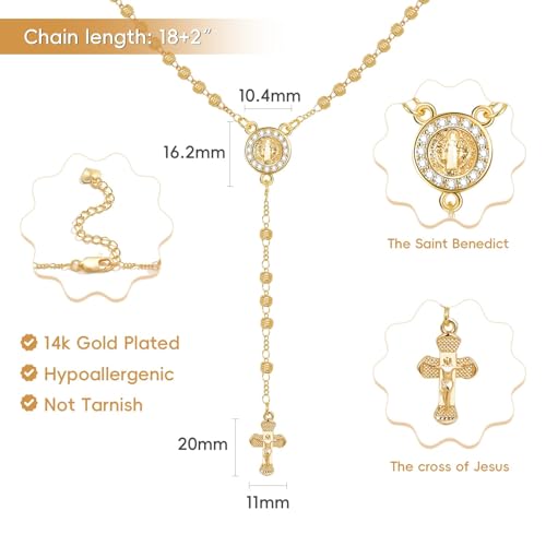 XUANPAI Virgin Mary Necklace,14k Gold Plated Rosary Bead Cross Necklaces