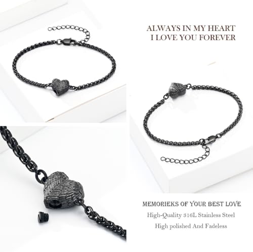 zeqingjw Heart Cremation Bracelet for Ashes - Angel's Wings Urn Bangle - Stainless Steel Keepsake Jewelry Ash Holder Memorial Gift for Women Men Black