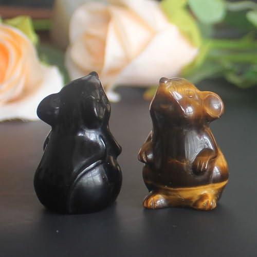 Hand Carved Mixed Gemstone Crystal Mouse Rat mice Figurine Animal Carving Statue Office Home Decor 1.5'' (Gold+Black) Gold+black