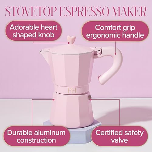 Paris Hilton Stovetop Espresso and Coffee Maker, Italian & Cuban Style Coffee Pot with Iconic Heart Knob, Perfect for Rich Aromatic Espresso, Makes up to 6 Espresso Cups, Pink