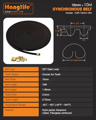 HANGLIFE GT2 Timing Belt with Copper Buckle - 3D Printer Open Synchronous Belt (2mm Pitch) 3D Printer Accessories - 10mm x 10M (32.8ft)