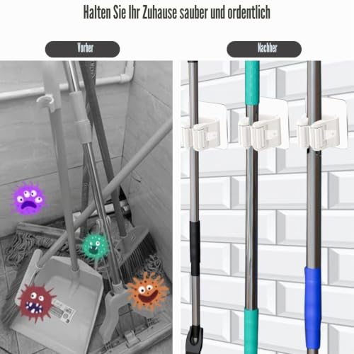 8 Pack Self Adhesive Mop Holder Wall Mounted Organizer Clip Broom Clips No Drilling for Bathroom Kitchen Office Closet Garden Garage Utility Room Tool Rack Storage - White