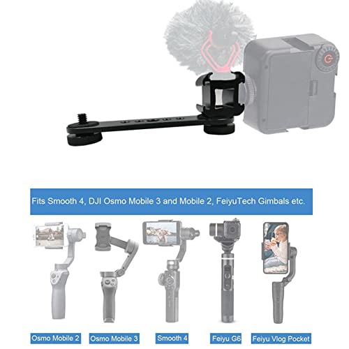 Triple Cold Shoe Mount, Gimbal Microphone Light Extension Bar Bracket Aluminium Alloy with 1/4in and 3/8in Screw Holes for OM 3/2, for Smooth 4, for Feiyu Gimbal Stabilizer(Black)
