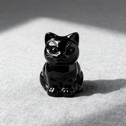 Tiger Eye Crystal Cat Figurine for Cats Lovers Natural Healing Gemstone Black Obsidian