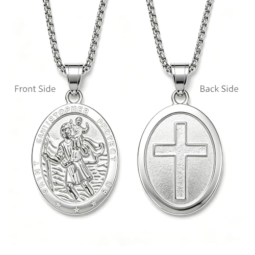 Mens Silver St Christopher Necklace with Adjustable Chain, Travel Amulet