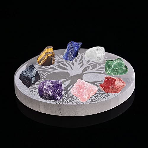 JIC Gem 5" Tree of Life Etched Selenite Charging Plate Round Engraved Selenite Slab Large Healing Crystal Charging Station Tree of Life-5"