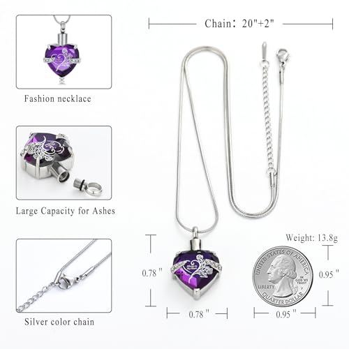 Crystal Heart Shape Cremation Jewelry Memorial Urn Necklace for Ashes, Stainless Steel Ash Holder Pendant Keepsake with Gift Box Charms Accessories for Women Silver-Purple