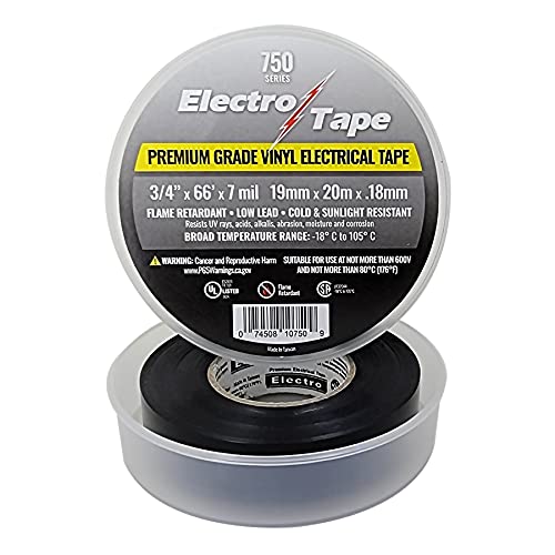 Electrical Tape Premium Grade 750 Series - 3/4 in x 66ft - 7 mil Thickness - Black Vinyl Flame Retardant - Wide Temperature Range - 1 Roll in Plastic Container